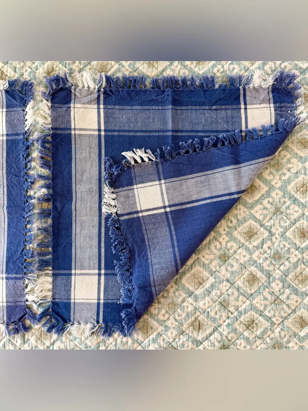 TWO Blue & White Plaid Cotton Napkins w/a Checked Pattern and a Fringed Border